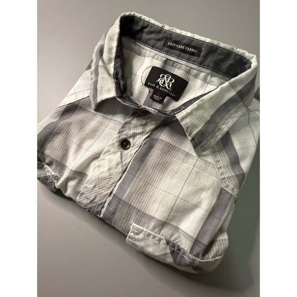 Rock & Republic Mens Large Gray White Plaid Long Sleeve Western Button Down